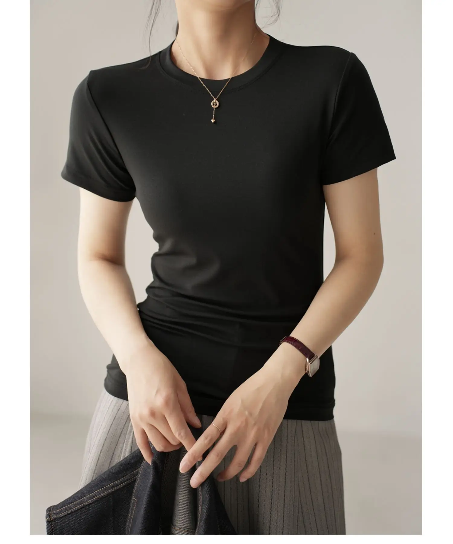 Women Grey Round Neck T-Shirt Short Sleeve — feature 15