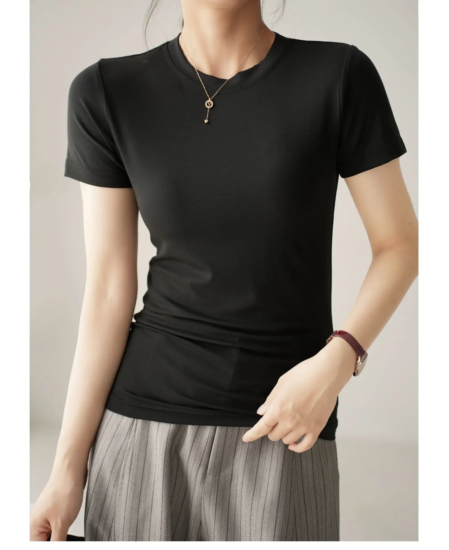 Women Grey Round Neck T-Shirt Short Sleeve — feature 16