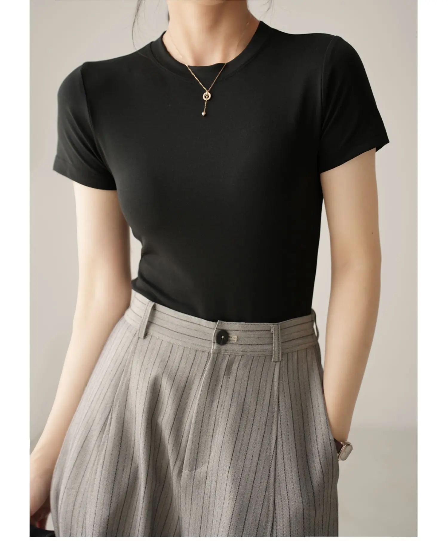 Women Grey Round Neck T-Shirt Short Sleeve — feature 17