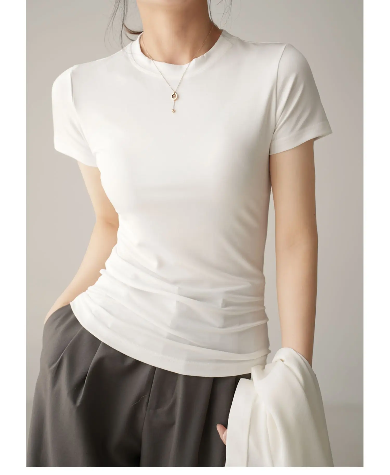 Women Grey Round Neck T-Shirt Short Sleeve — feature 9