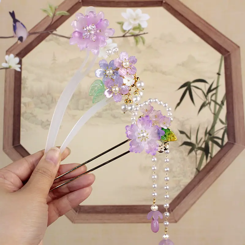Children's Flower Glass Hairpins with Tassels - Image 40