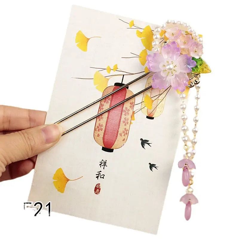 Children's Flower Glass Hairpins with Tassels - Image 43