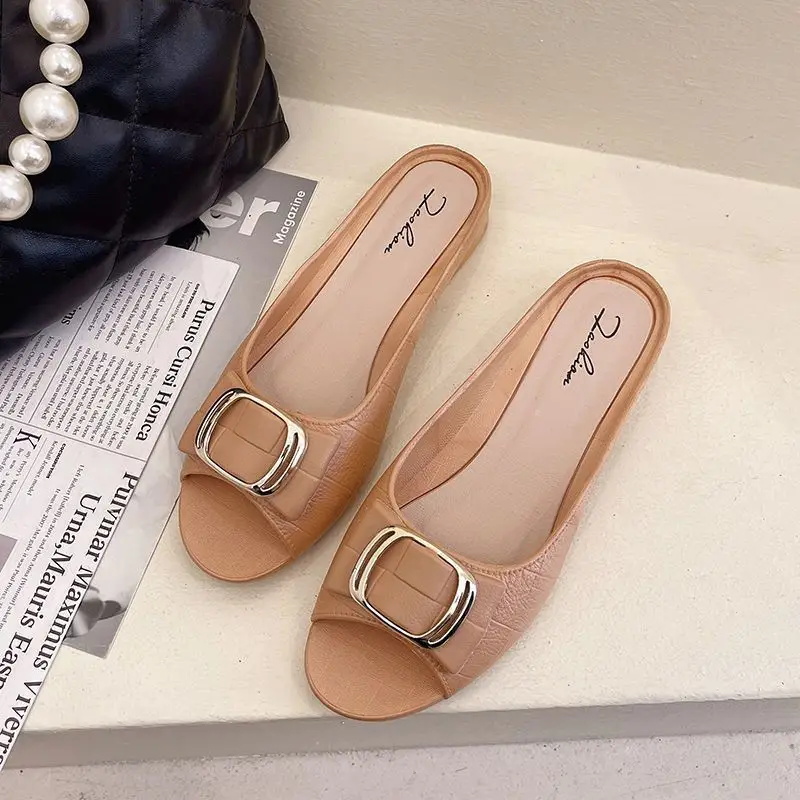 Internet red explosions square buckle half slippers Korean version of the daily thick heel wear ladies casual flat sandals factory direct sales - Image 4