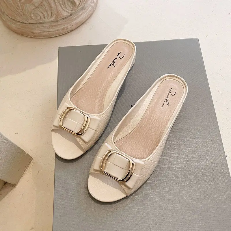 Internet red explosions square buckle half slippers Korean version of the daily thick heel wear ladies casual flat sandals factory direct sales - Image 2