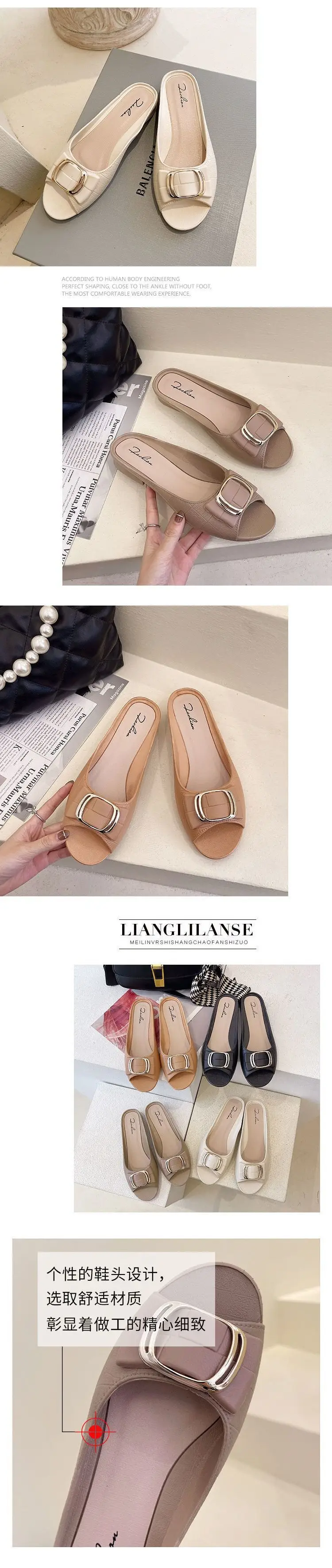 Internet red explosions square buckle half slippers Korean version of the daily thick heel wear ladies casual flat sandals factory direct sales — feature 2