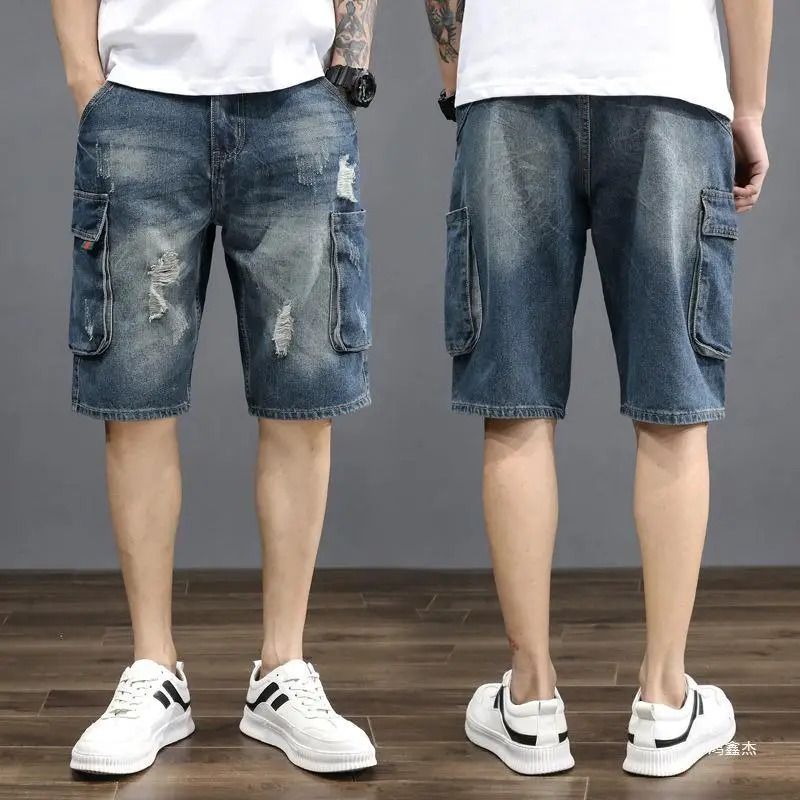 Denim Mid-Length Cargo Shorts for Men Retro Korean Style - Image 3