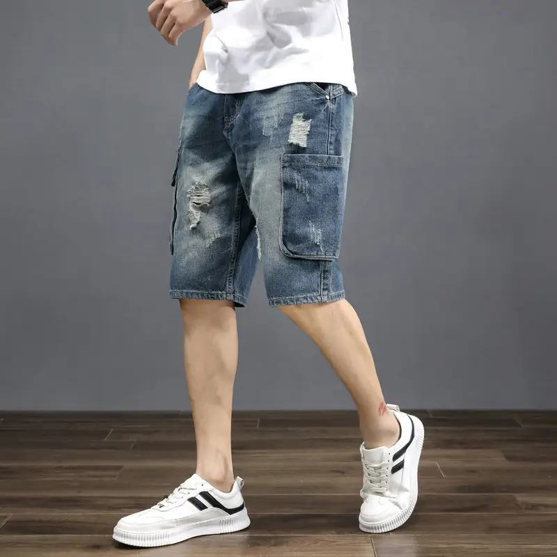 Denim Mid-Length Cargo Shorts for Men Retro Korean Style - Image 5