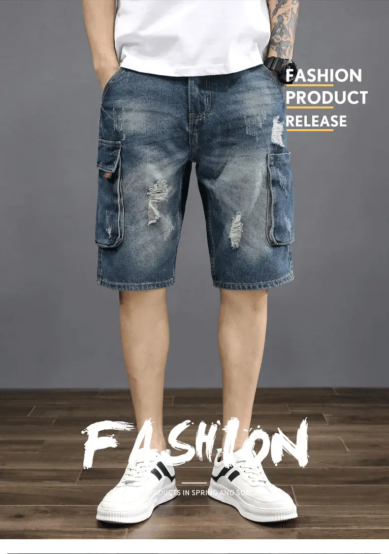 Denim Mid-Length Cargo Shorts for Men Retro Korean Style — feature 2
