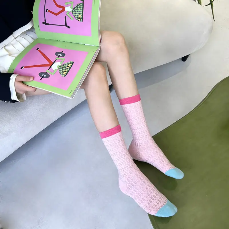 Summer Mesh Cut Out Ultra-Thin Socks for Women Colorful-Blocked Glass Silk European Fashion Popular Ins Men's Mid-Calf Socks