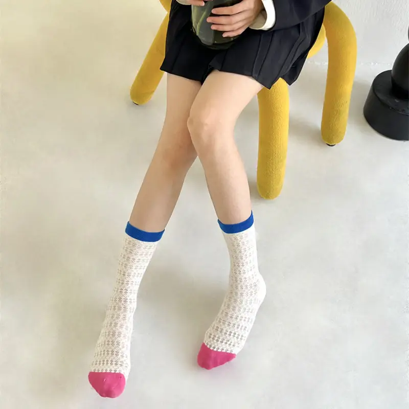 Summer Mesh Cut Out Ultra-Thin Socks for Women Colorful-Blocked Glass Silk European Fashion Popular Ins Men's Mid-Calf Socks