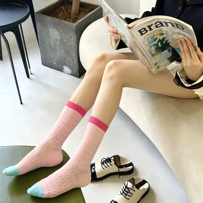 Summer Mesh Cut Out Ultra-Thin Socks for Women Colorful-Blocked Glass Silk European Fashion Popular Ins Men's Mid-Calf Socks