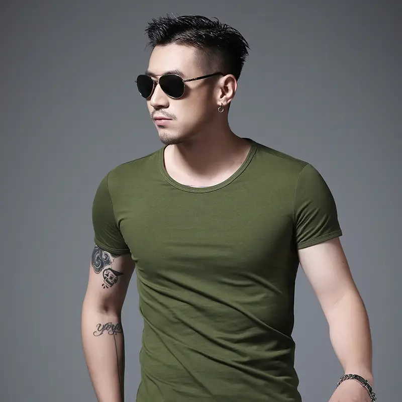 Men Olive Green Lycra T-Shirt Round Neck Summer Casual