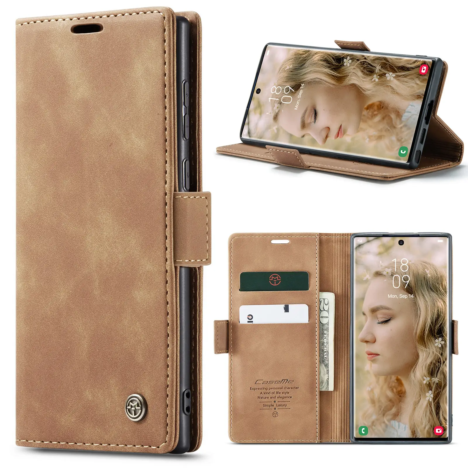 Brown Leather Flip Phone Case Drop Resistant