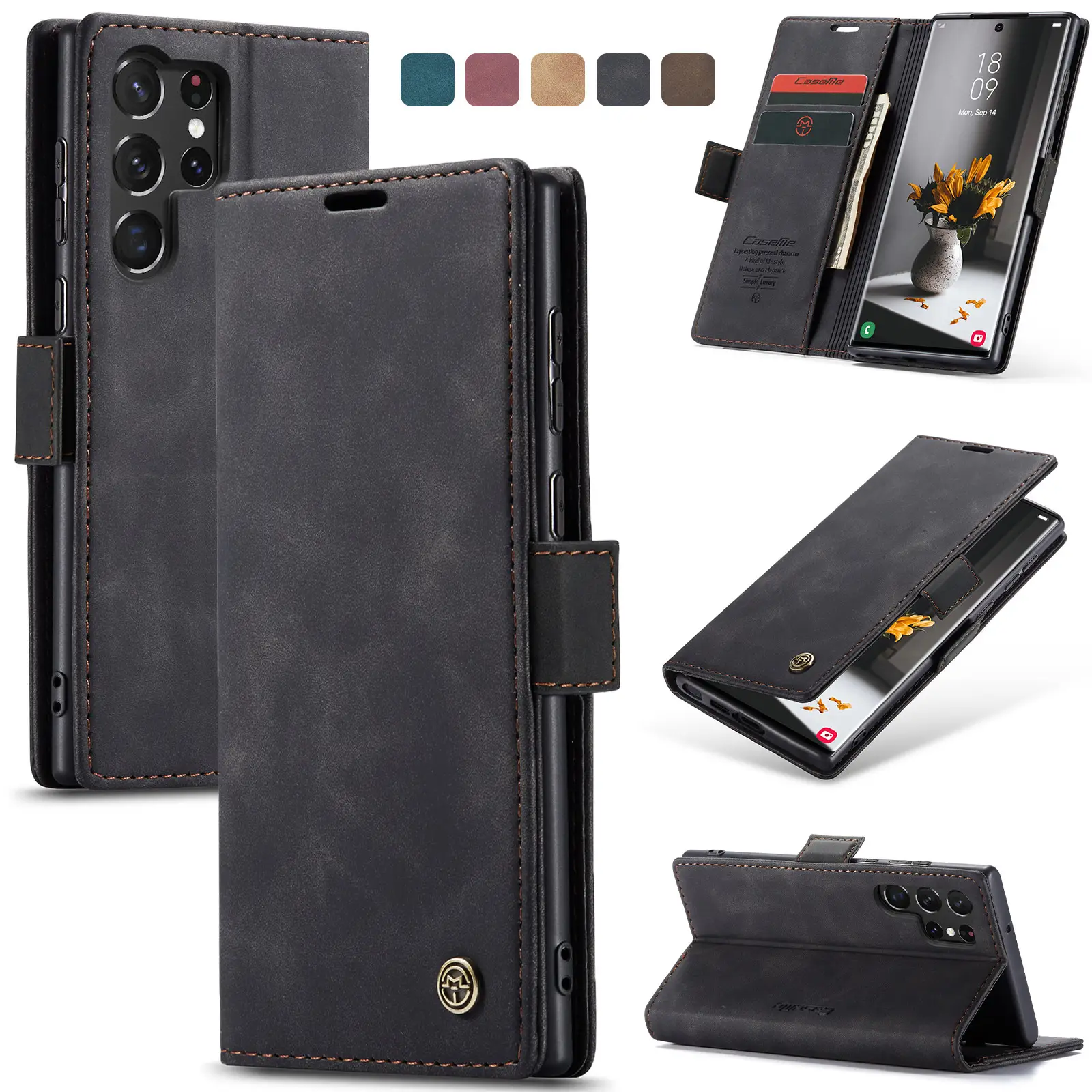 Brown Leather Flip Phone Case Drop Resistant