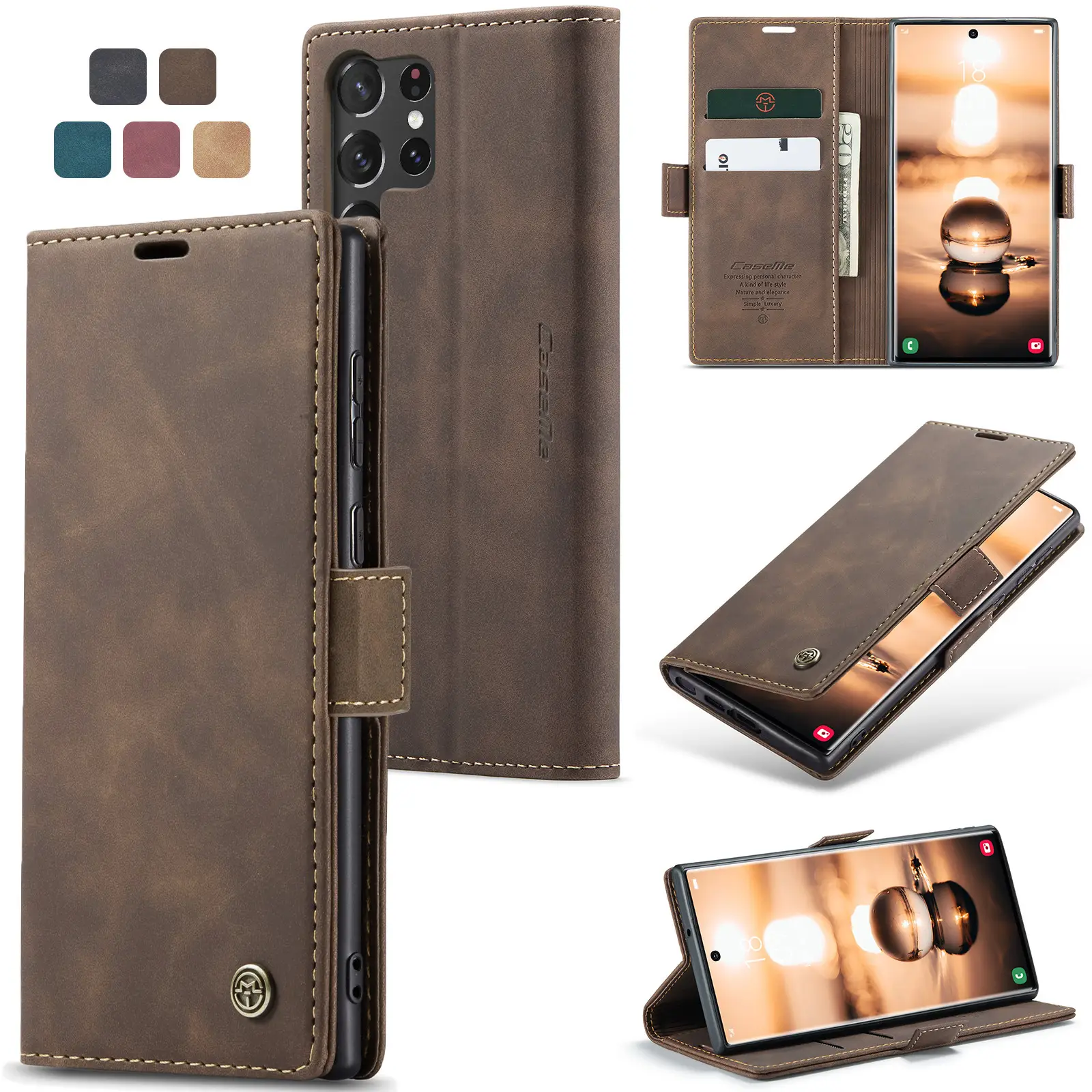 Brown Leather Flip Phone Case Drop Resistant