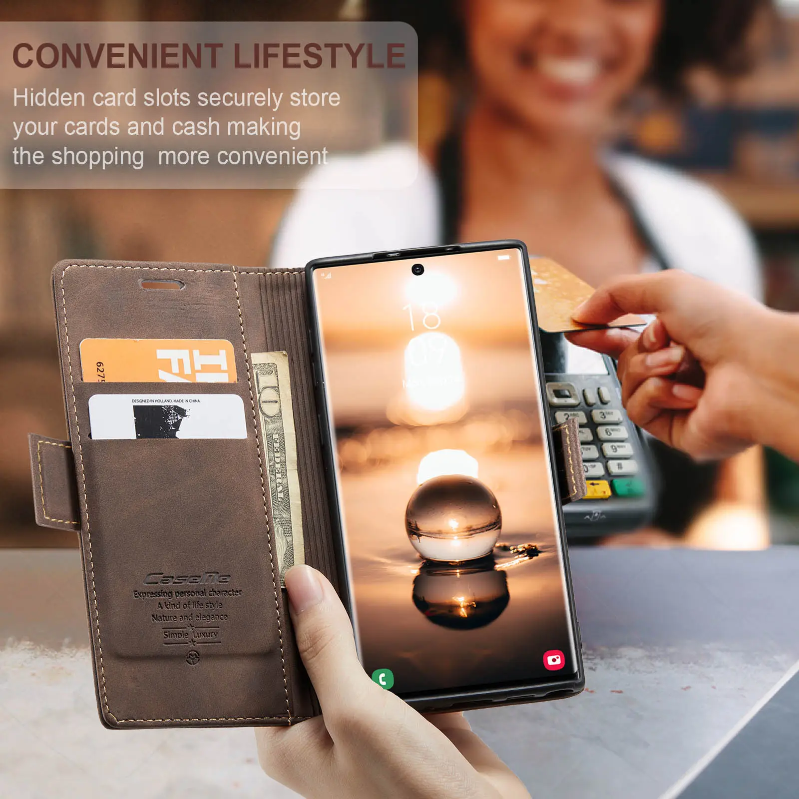 Brown Leather Flip Phone Case Drop Resistant — feature 12