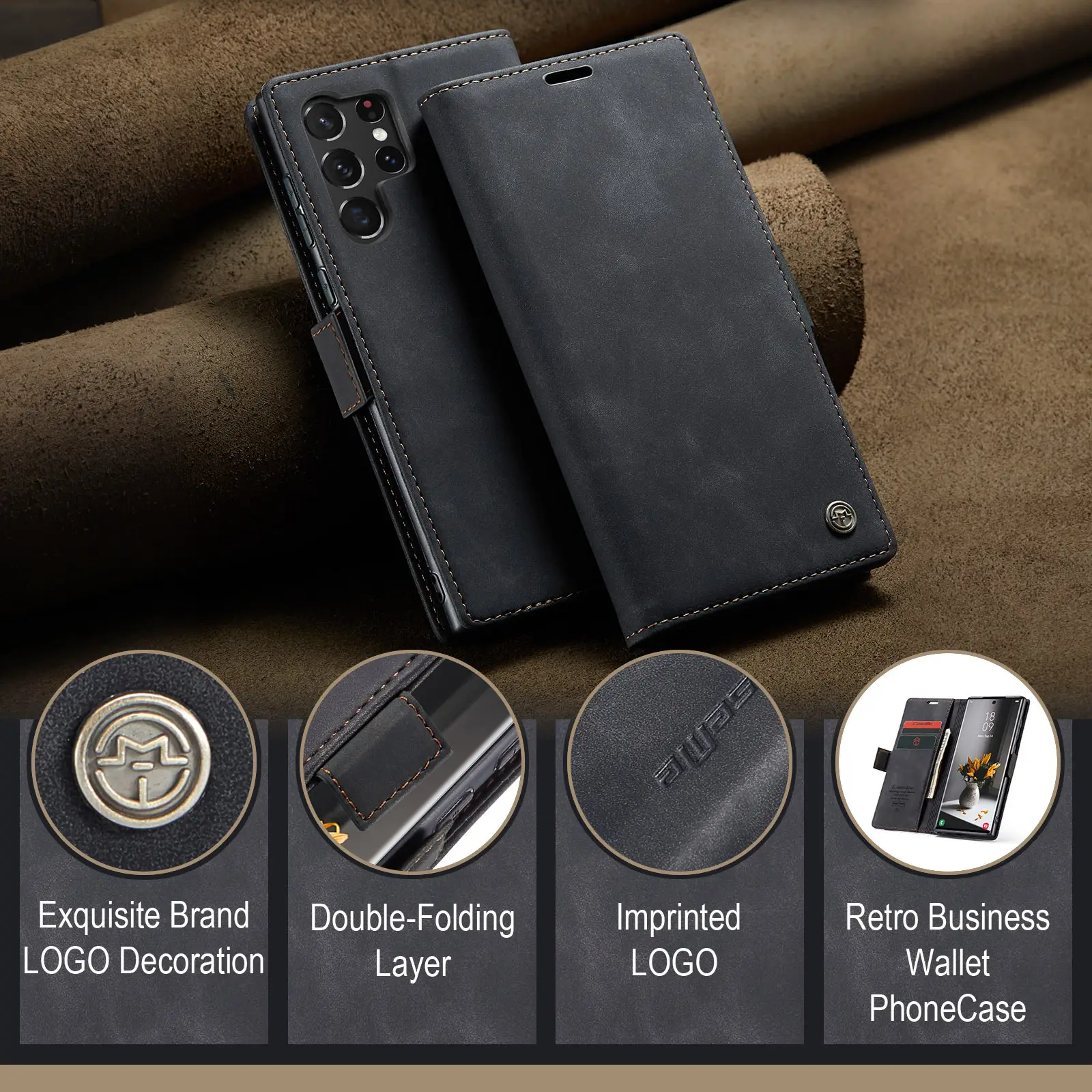 Brown Leather Flip Phone Case Drop Resistant — feature 17