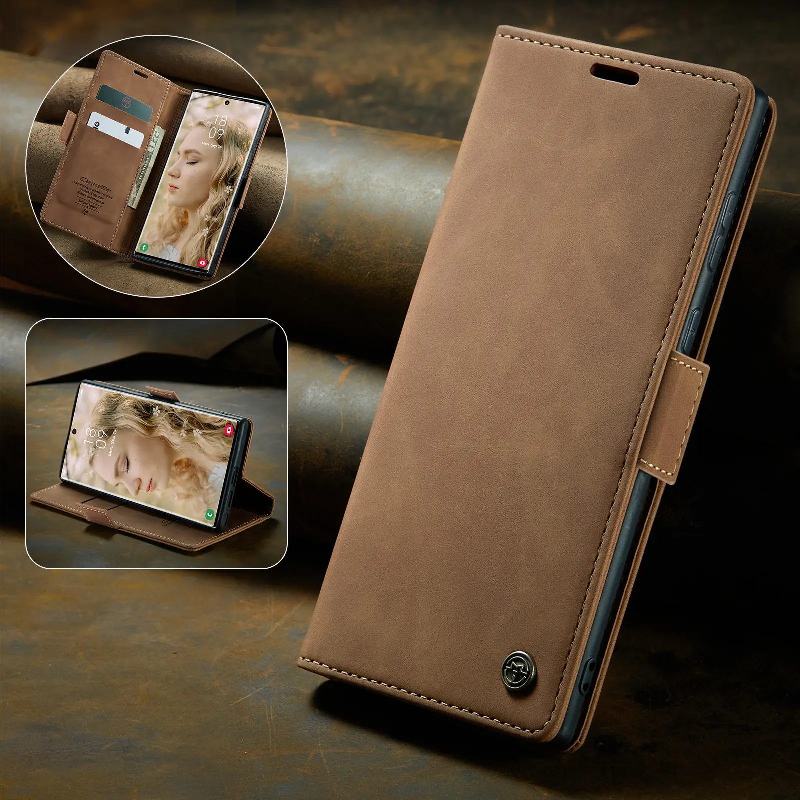 Brown Leather Flip Phone Case Drop Resistant — feature 18