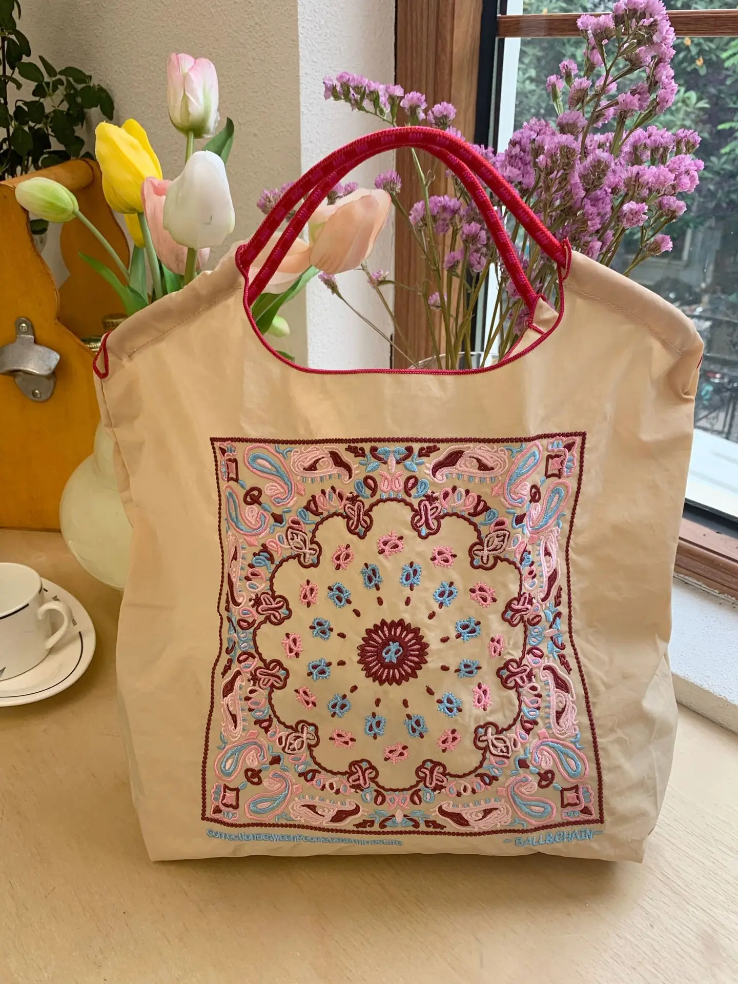 Women's Canvas Embroidered Tote Bag with Mandala Design