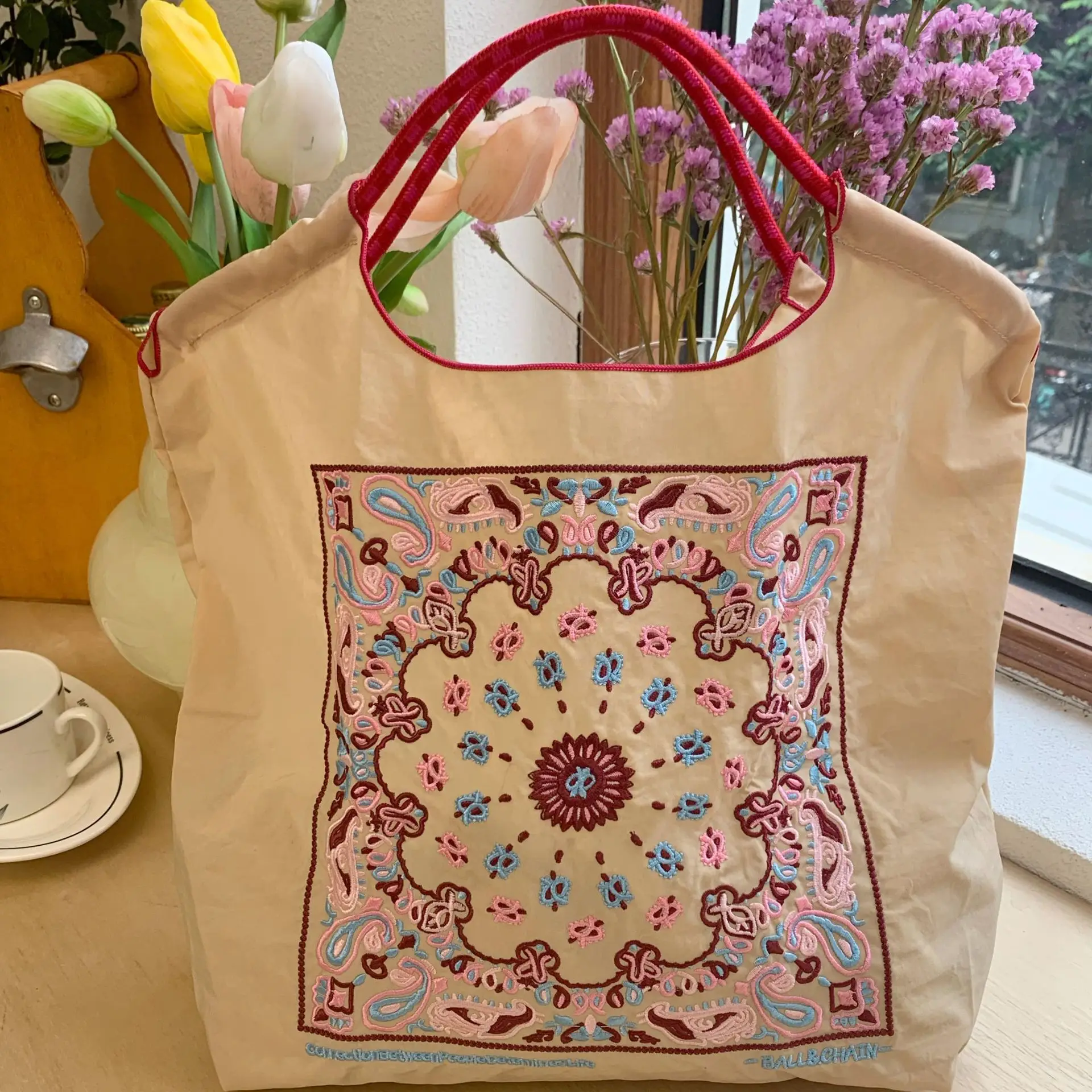 Women's Canvas Embroidered Tote Bag with Mandala Design