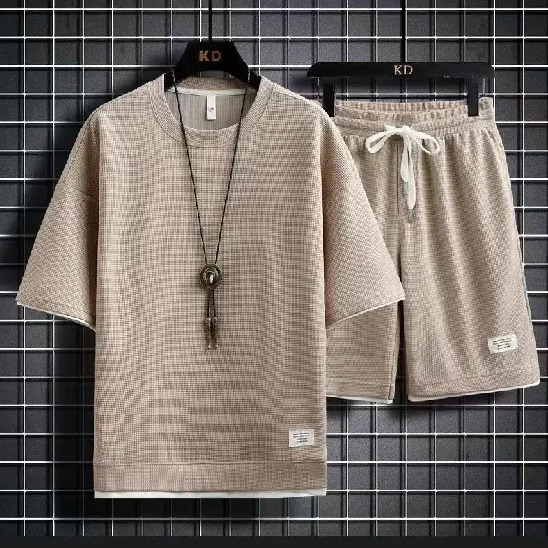Men Grey Waffle Shorts Set Summer Casual Wear