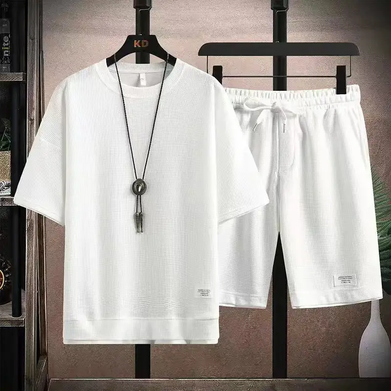 Men Grey Waffle Shorts Set Summer Casual Wear