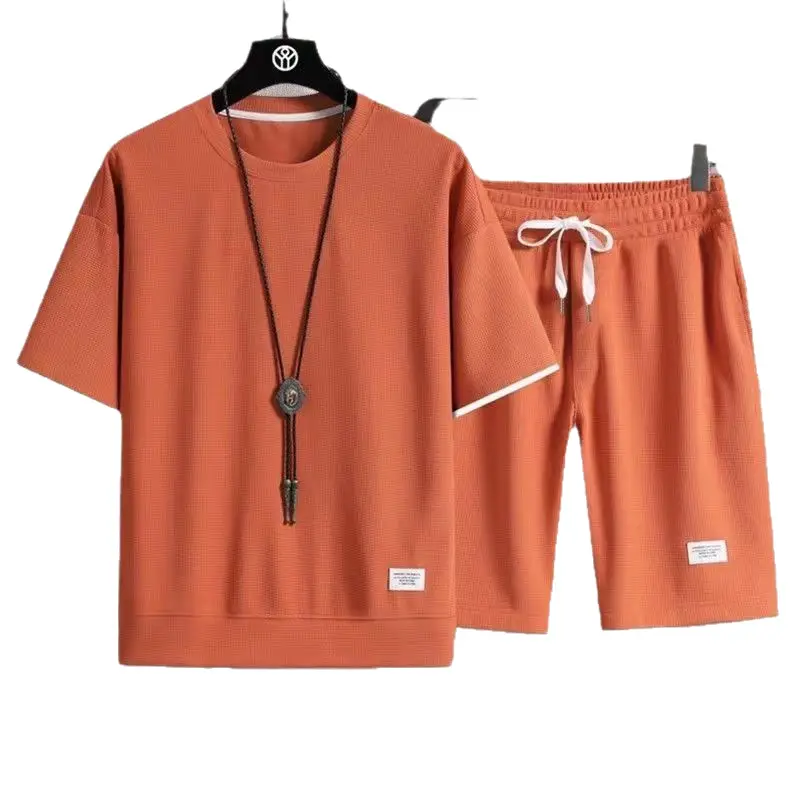 Men Grey Waffle Shorts Set Summer Casual Wear