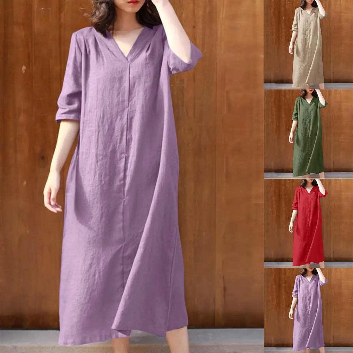 New Women's V Neck Cotton Dress Mid Length Purple - Image 5