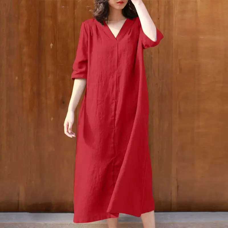 New Women's V Neck Cotton Dress Mid Length Purple - Image 6