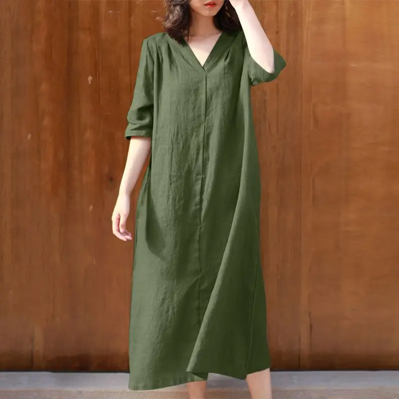 New Women's V Neck Cotton Dress Mid Length Purple - Image 7