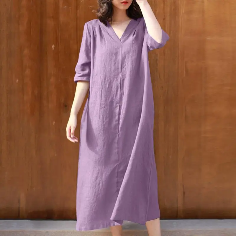 New Women's V Neck Cotton Dress Mid Length Purple - Image 9