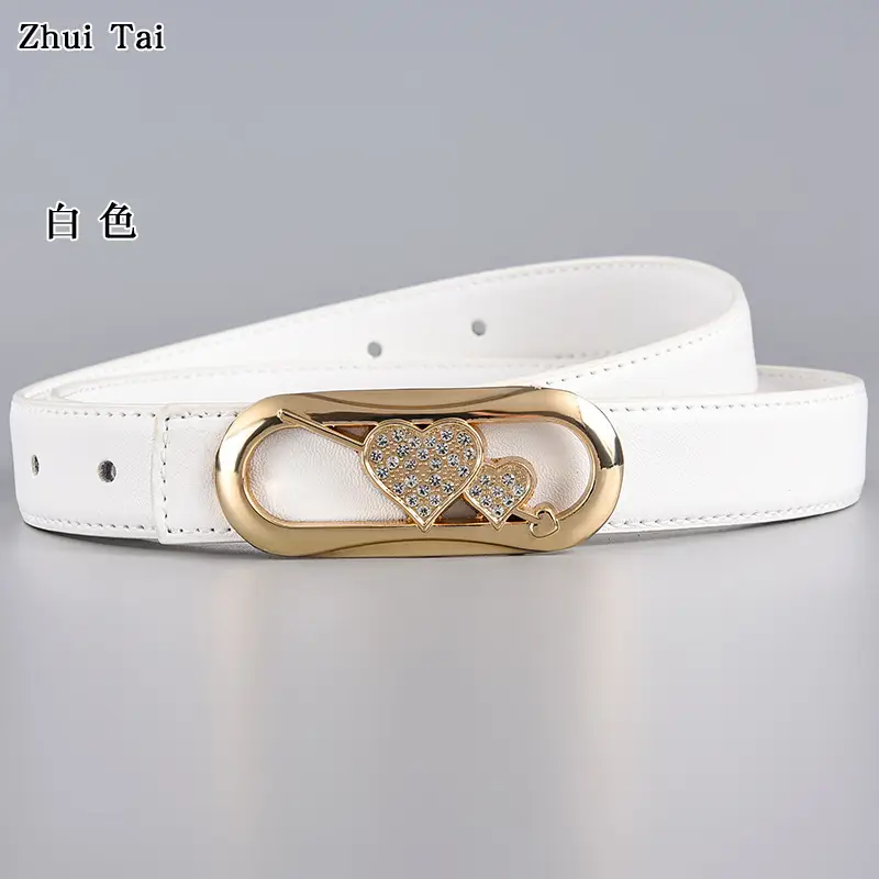White Heart-Shaped Leather Belt with Gold Buckle - Image 2