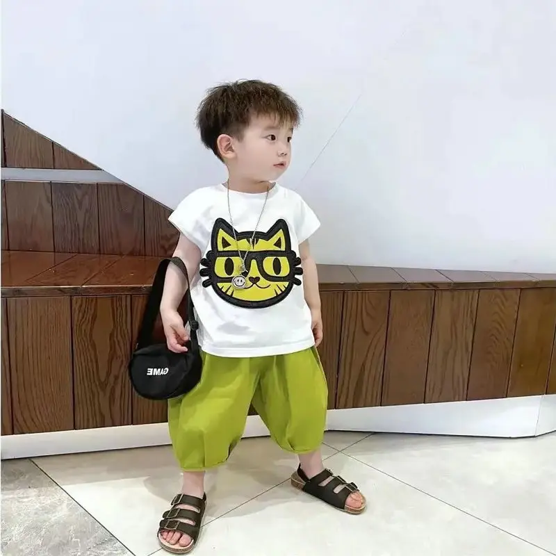 Boys Cartoon Cat T-Shirt Cropped Pants 26 Summer - Image 2