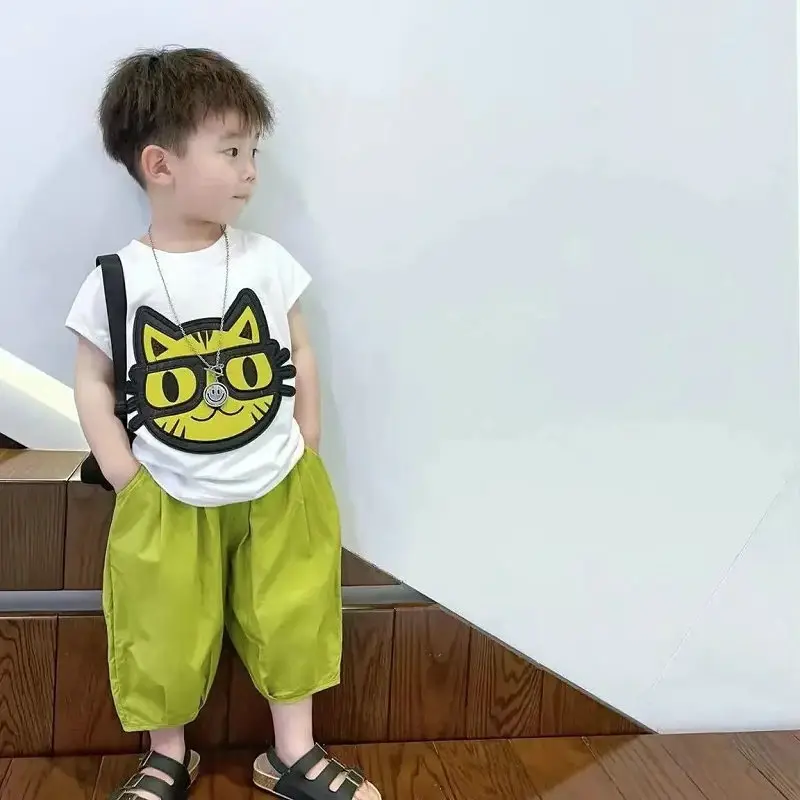 Boys Cartoon Cat T-Shirt Cropped Pants 26 Summer - Image 3