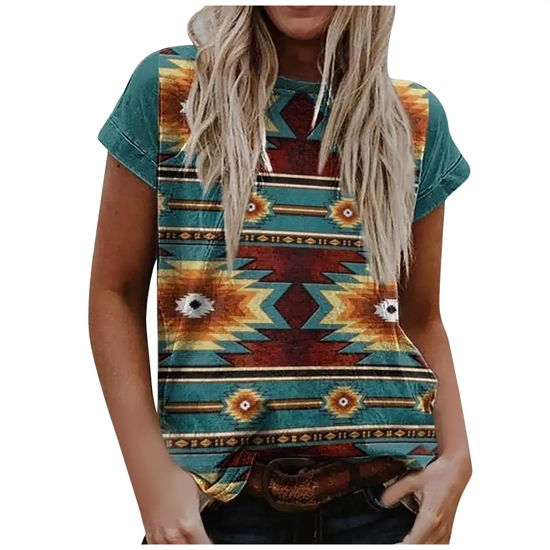 Imitation Cotton T-Shirt 2023 European and American Women's Independent Station Retro Printed Western Ethnic Style Round Neck Short Sleeve T-Shirt Top