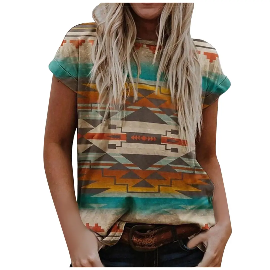 Imitation Cotton T-Shirt 2023 European and American Women's Independent Station Retro Printed Western Ethnic Style Round Neck Short Sleeve T-Shirt Top