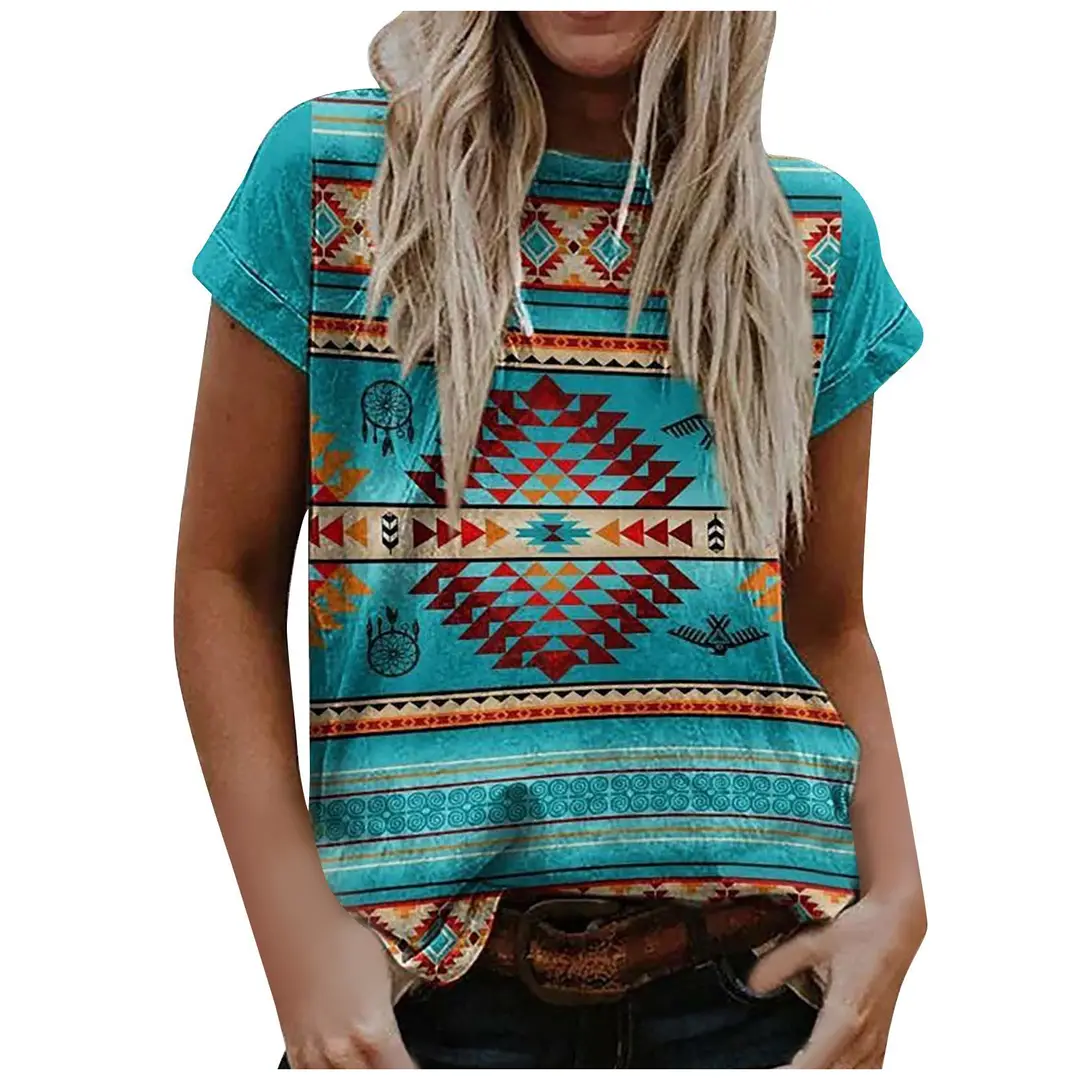 Imitation Cotton T-Shirt 2023 European and American Women's Independent Station Retro Printed Western Ethnic Style Round Neck Short Sleeve T-Shirt Top