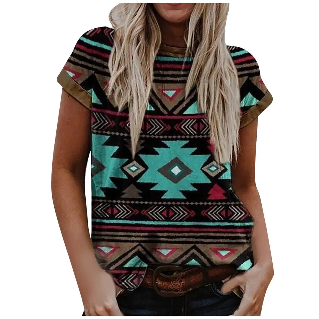 Imitation Cotton T-Shirt 2023 European and American Women's Independent Station Retro Printed Western Ethnic Style Round Neck Short Sleeve T-Shirt Top