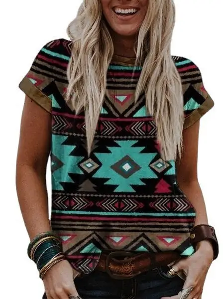 Imitation Cotton T-Shirt 2023 European and American Women's Independent Station Retro Printed Western Ethnic Style Round Neck Short Sleeve T-Shirt Top