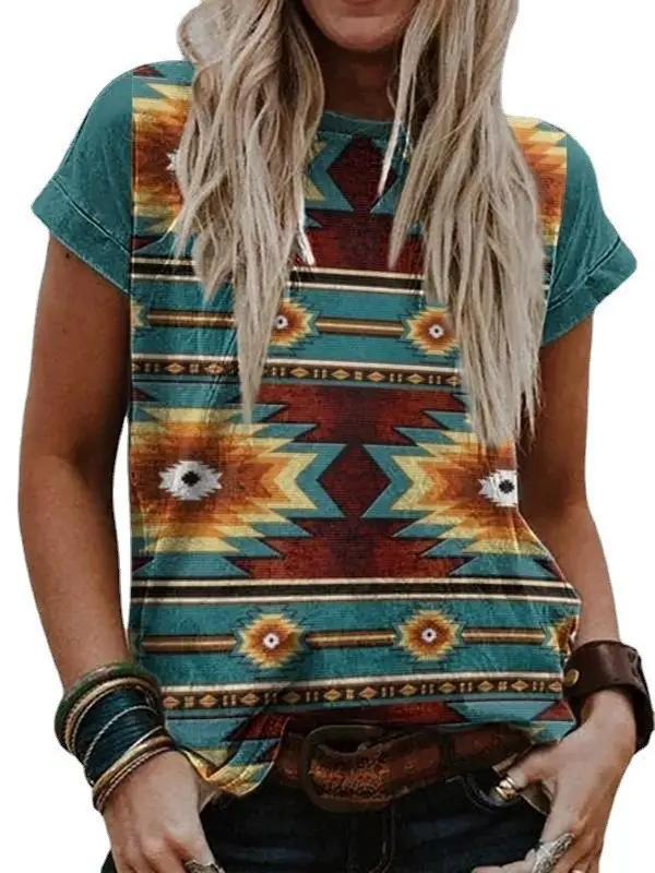 Imitation Cotton T-Shirt 2023 European and American Women's Independent Station Retro Printed Western Ethnic Style Round Neck Short Sleeve T-Shirt Top