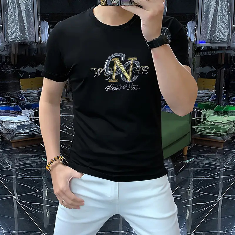 Men's Hot Drilling Letter T-Shirt Yellow European - Image 7