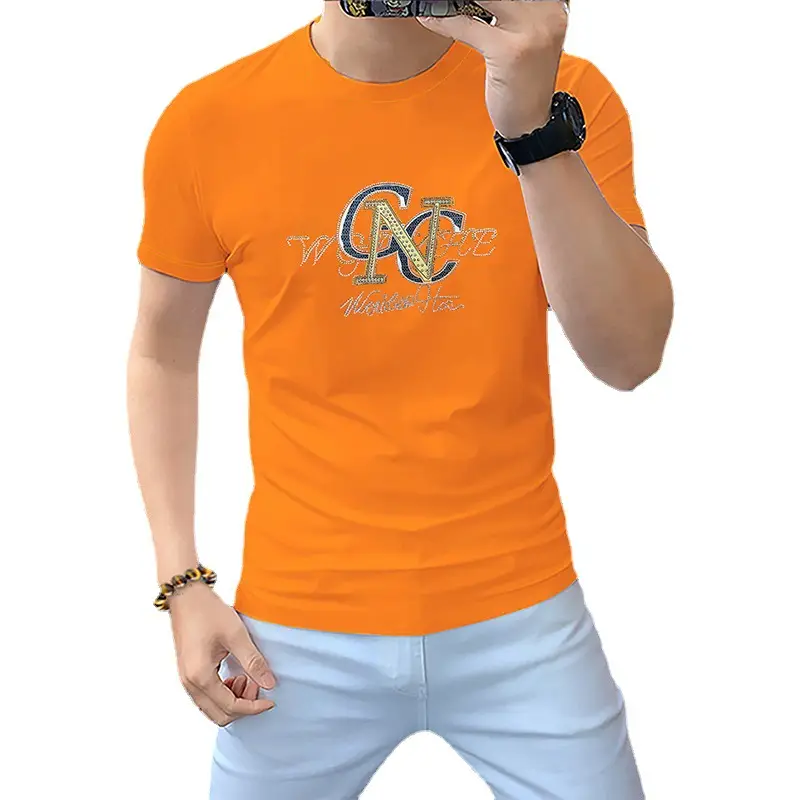 Men's Hot Drilling Letter T-Shirt Yellow European - Image 11