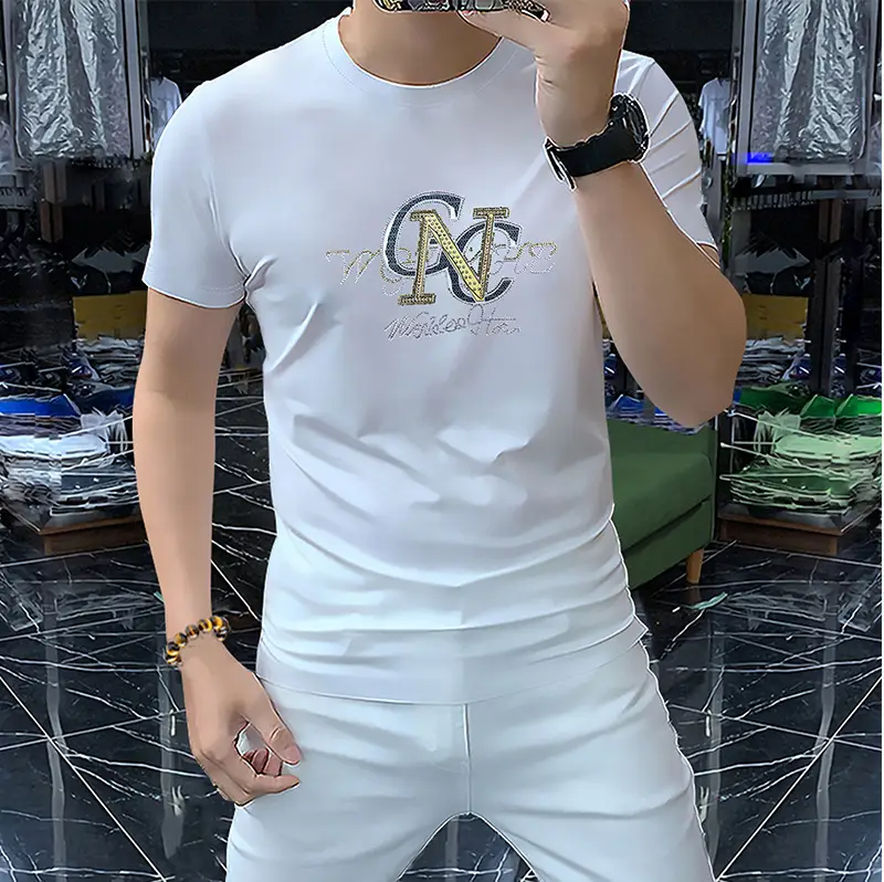 Men's Hot Drilling Letter T-Shirt Yellow European — feature 13