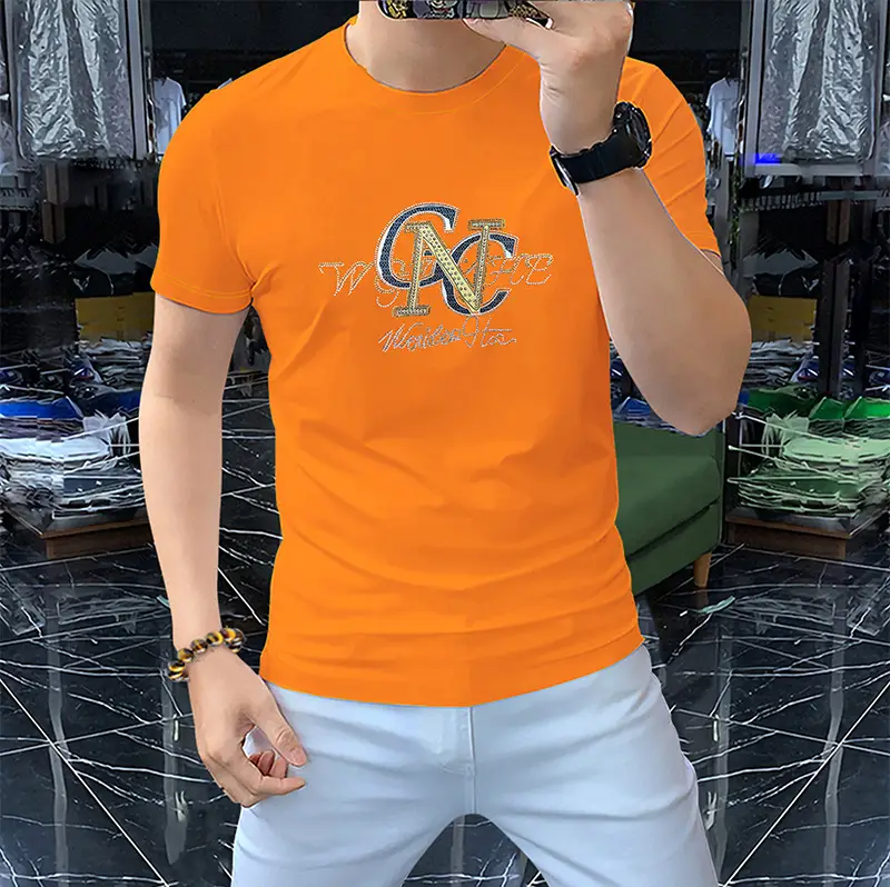 Men's Hot Drilling Letter T-Shirt Yellow European — feature 15