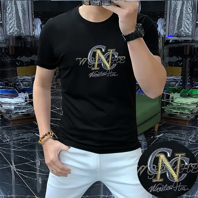 Men's Hot Drilling Letter T-Shirt Yellow European — feature 17