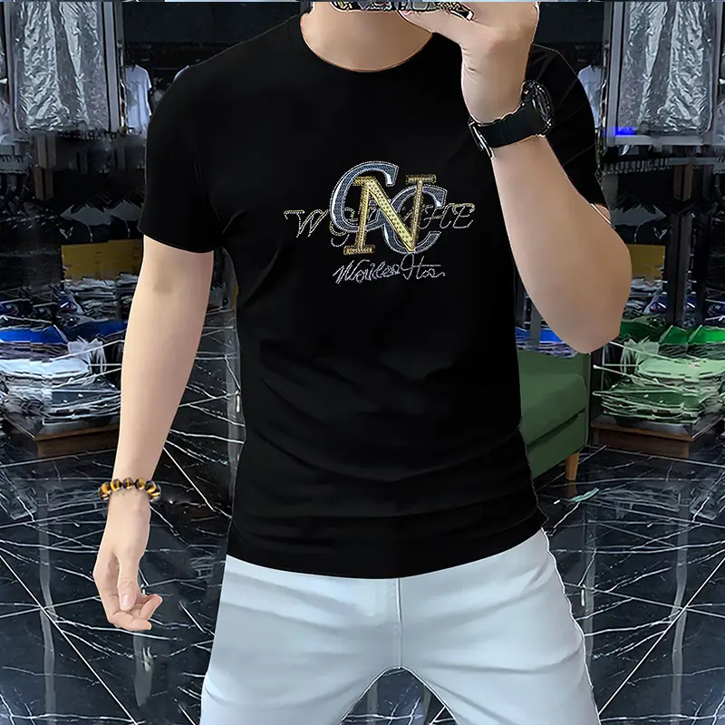 Men's Hot Drilling Letter T-Shirt Yellow European — feature 18