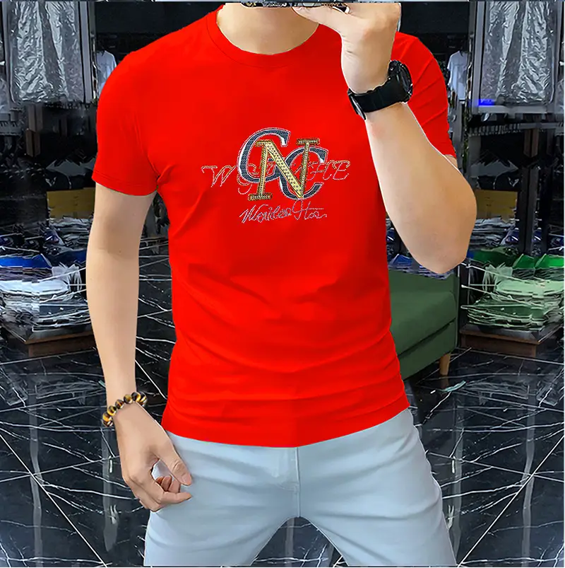 Men's Hot Drilling Letter T-Shirt Yellow European — feature 19