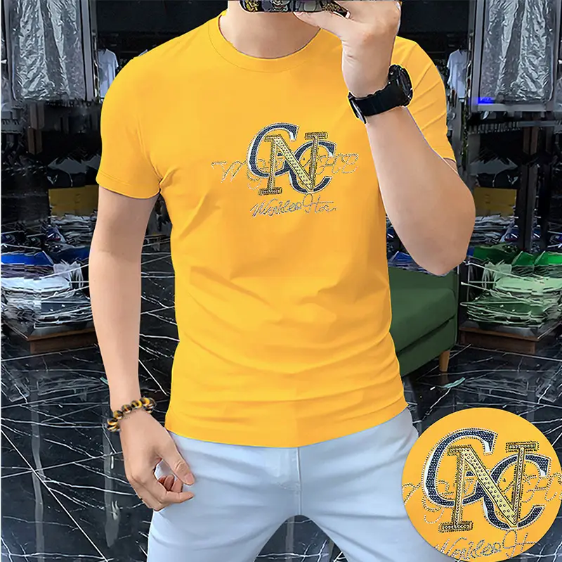 Men's Hot Drilling Letter T-Shirt Yellow European — feature 20