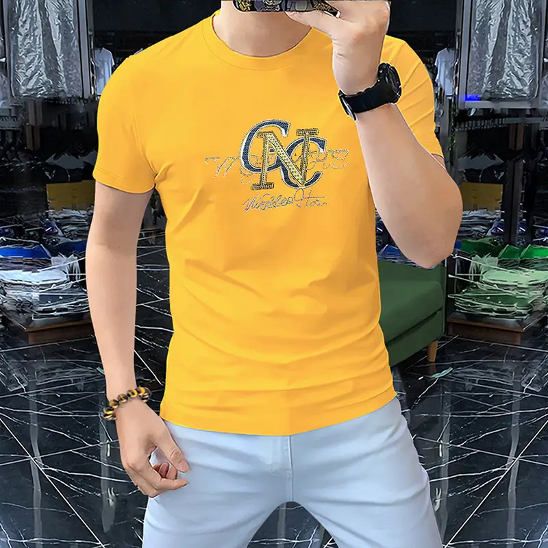 Men's Hot Drilling Letter T-Shirt Yellow European - Image 4