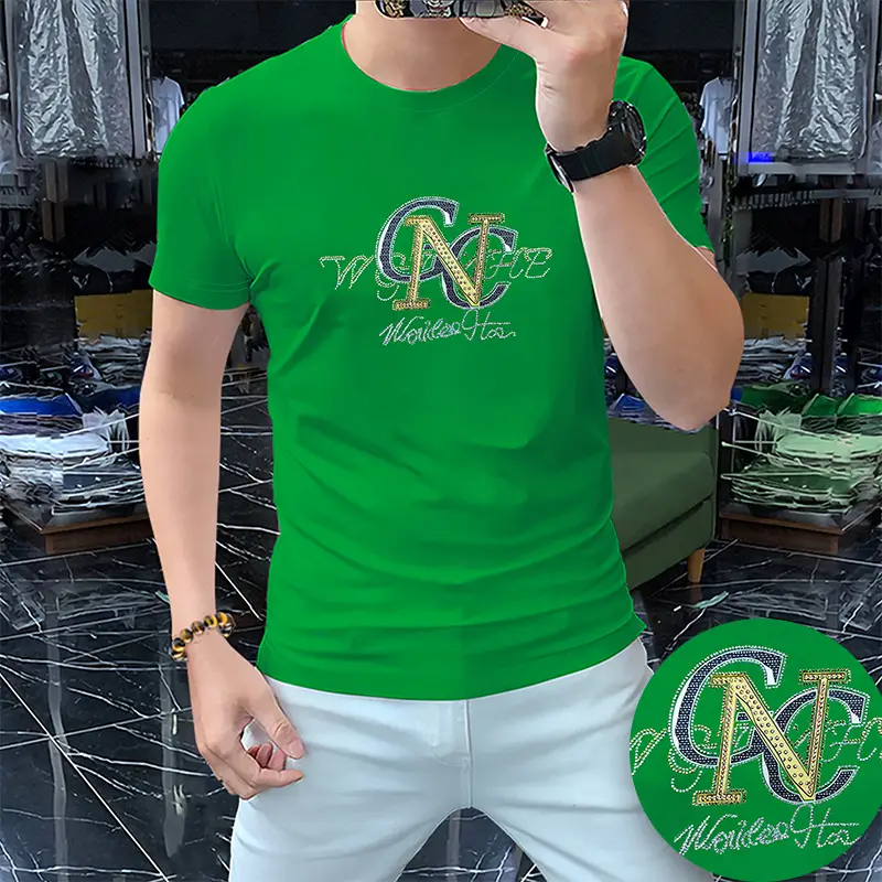 Men's Hot Drilling Letter T-Shirt Yellow European - Image 6